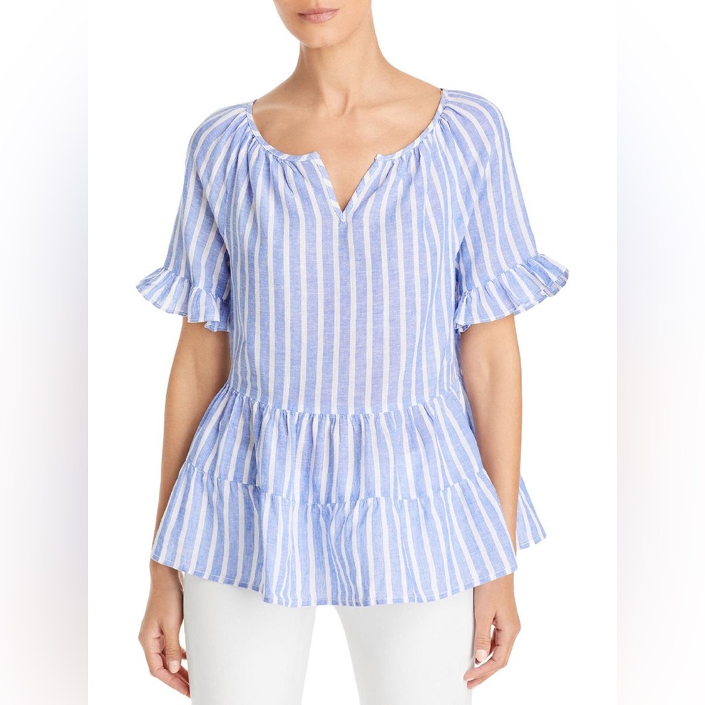 NWOT - BeachLunchLounge Linen Striped Peplum Top - large - blue & white stripe
